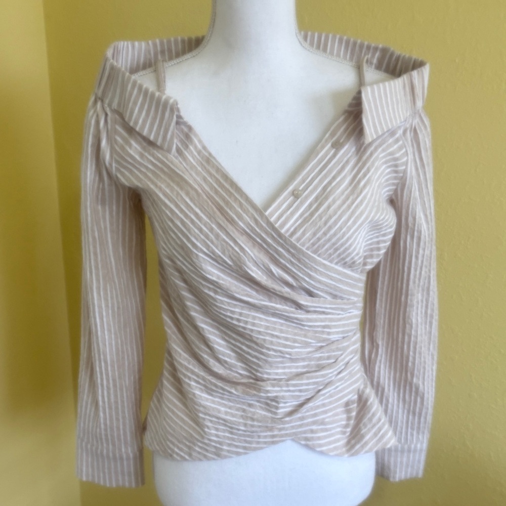 White House Black Market Beige & White Striped Wrap Blouse
